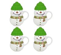 4pcs Christmas Cup Snowman Ceramic Coffee Mug with Lid Hot Cold Drink Festive Ornament Tableware Teacup (4X Green)