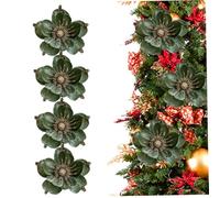 4Pcs Christmas Flowers Artificial Velvet Magnolia Glitter Elegant Ornaments for Christmas Tree Decorations, Wedding, Party and Home Decor, Green
