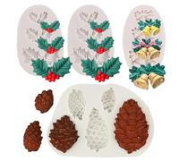 4PCS Christmas Fondant Molds, Christmas Holly Leaves Bells Pinecone Silicone Chocolate Molds, Unique Shape Cake Pop Candy Gummy Molds for Baking, DIY Holiday Dessert Polymer Clay Candle Craft