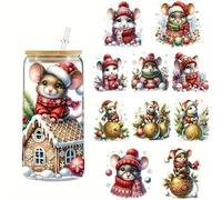 4pcs Christmas Mouse Bell Flower UV DTF Cup Wraps Transfer Waterproof Sticker for Glass Cups Furniture Craft DIY Crafts,Rub on Transfer Stickers for DIY Water Bottle Laptop Decal Wood Car