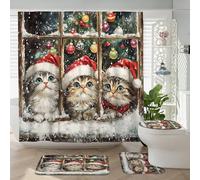 4PCS Christmas Persian Cat Shower Curtain 72''x72'' with Hooks, Bathroom Accessory Set with Bath Rug, U Shape Toilet Lid Cover Mat, Xmas Window Tree Balls Home Bath Fabric Decor