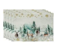 4Pcs Christmas Placemats, Watercolor Snowflakes Trees Deer Christmas Theme Washable Table Mats, 30 x 45cm XmasTable Placemats for Home Restaurant Xmas Holiday