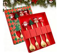 4pcs Christmas Tableware, Coffee Dessert Fruit Spoon Fork，Figurine Stainless Steel Table Spoons & Dessert Forks, Snowman Santa Designs Festive Gift Box ，Gift Packed in Christmas Style Set (Gold)