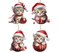 4pcs Christmas Tree Cat Pendants, 2D Acrylic Cat Christmas Ornaments, Cat Car Hanging Accessories for Christmas Tree Wall Window Car Backpack Decor