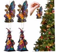 4Pcs Christmas Tree Decorations - 2D Fairy & Witch Ornaments, Acrylic Colorful 3.15x0.16" Hanging Pendant for Home, Car Interior, Witchy Decor
