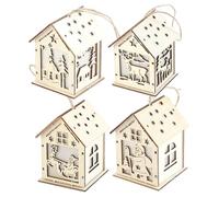 4Pcs Christmas Village Houses Wooden Houses 7-Color LED Christmas Night Light with Carved Vivid Santa Tree Reindeer Sleigh Hanging Ornaments with Battery