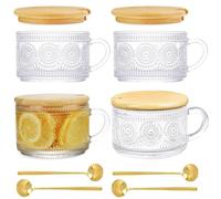 4pcs Clear Glass Cups with 4 Bamboo Lids 4 Spoon, 450ml/15oz Embossed Coffee Cups with Handle, Tea Containers for Christmas Thanksgiving Gift, Mugs for Cappuccino, Latte, Cereal, Yogurt, Beverages