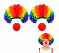4PCS Clown Wig, Costume Party Essential, Professional Circus Performance Accessories, Two Colourful Afro Wigs and Two Red Noses Set, Halloween Outfit