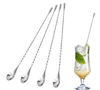 4PCS Cocktail Stirrers, Stainless Steel Mixing Spoon, 11.85 Inch Long Bar Cocktail Shaker Spoon with Spiral Pattern Teardrop End Design, Drink Stirrer for Home Bartender Coffee Tea Honey(Silver)