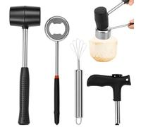 4Pcs Coconut Opener Tool Set,Stainless Steel Coconut Opening Tool with Scraper Rubber Hammer Hole Opener for Kitchen Picnics Beach Vacations