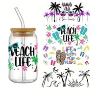 4pcs Coconut Tree Beach UV DTF Cup Wraps Transfer Waterproof Sticker for Glass Cups Furniture Craft DIY Crafts，Rub on Transfer Stickers for DIY Water Bottle Laptop Decal Wood Car