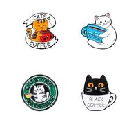 4Pcs Coffee Cat Brooch Pin Cute Cartoon Cat Kitty Kitten Lapel Pin Black White Cats Enamel Brooch Lapel Pins Lovely Animals Badge for Pet Lovers, Alloy Steel, no gemstone