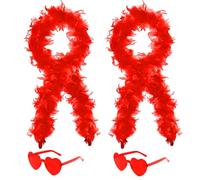 4Pcs Colorful Fancy Dress Feather Boa Set, 4ft Feather Boa with Heart Rimless Sunglasses for Women, Artificial Fluffy Boa Decorations wit for Dancing Wedding Party Cosplay Halloween (Red)