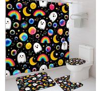4Pcs Colorful Ghost Shower Curtain Set, Black Rainbow Happy Emoticon Bath Mat Rugs Accessories for Halloween Decor, Fun Modern Waterproof Fabric Shower Curtain Set with Hooks 72x72 Inch