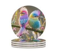 4PCS Colorful Little Bird Coasters Non-Slip Round Drink Coasters with Ceramic Stone and Cork Base, Heat Resistant Absorbent 33.00Stone Coaster Set for Kinds of Mugs and Cups, 4 Inch