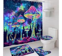 4Pcs Colorful Mushroom Shower Curtain Set, Blue Violet Psychedelic Bath Mat Rugs Accessories for Bathroom Decor, Modern Waterproof Fabric Shower Curtain Set with Hooks 72x72 Inch
