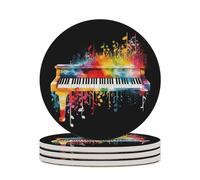 4PCS Colorful Piano Keyboard Music Note Coasters Non-Slip Round Drink Coasters with Ceramic Stone and Cork Base, Heat Resistant Absorbent 33.00Stone Coaster Set for Kinds of Mugs and Cups, 4 Inch