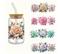 4pcs Colorful Rose Flower UV DTF Cup Wraps Winter UV DTF Transfer Waterproof Sticker for Glass Cups Furniture Craft DIY Crafts,Rub on Transfer Stickers for DIY Water Bottle Laptop Decal Wood Car