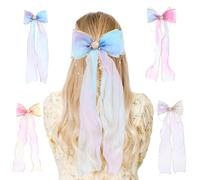 4Pcs Colorful Tulle Bow Hair Clips with Beaded Chain, Hair Ribbons for Girls, Hair Accessories for Kids Teens Women Princess Wedding Birthday Party Daily Wear