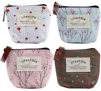 4Pcs Colour Coin Purse, Mini Canvas Change Purse Coin Pouch with Flower Pattern, Portable Purse Holder Girls with Zipper for Cash, Keys Coin, Credit Card, ID Card Wallets and Money Accessories