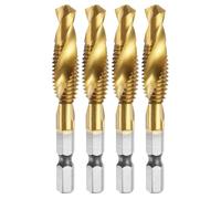 4pcs Combination Drill and Tap Bit, Metric M10 x 1.5 Thread 1/4" Hex Shank, Titanium Coated Threading Screw Taps Spiral Flute Tapping Tool, High Speed Steel (HSS) 4341