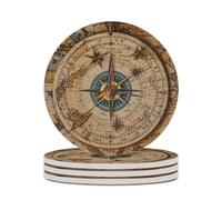 4PCS Compass and Old World Map Coasters Non-Slip Round Drink Coasters with Ceramic Stone and Cork Base, Heat Resistant Absorbent 33.00Stone Coaster Set for Kinds of Mugs and Cups, 4 Inch