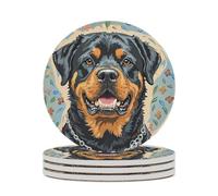 4PCS Cool Rottweiler Dog Art Coasters Non-Slip Round Drink Coasters with Ceramic Stone and Cork Base, Heat Resistant Absorbent 33.00Stone Coaster Set for Kinds of Mugs and Cups, 4 Inch