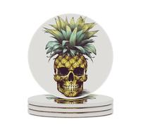 4PCS Cool Skull Pineapple Coasters Non-Slip Round Drink Coasters with Ceramic Stone and Cork Base, Heat Resistant Absorbent 33.00Stone Coaster Set for Kinds of Mugs and Cups, 4 Inch