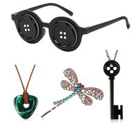 4PCS Coraline Costume Cosplay Accessories Halloween Merchandise Stuff, Button Eyes Glasses/Dragonfly Hair Clip/Key Necklace/Coraline Necklace Set for Women Men Movie Props Birthday Decorations Gifts