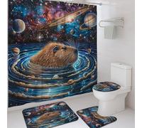 4Pcs Cosmic Shower Curtain Set, Dark Blue Planetary Patterns Bath Mat Rugs Accessories for Bathroom Decor, Modern Waterproof Fabric Shower Curtain Set with Hooks 72x72 Inch
