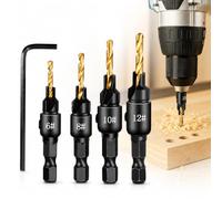 4PCS Countersink Drill Bit Set for Wood, 1/4" Hex Shank Woodworking Bits #6#8#10#12 with L-Wrench, Adjustable Counter Sink Hole Cutter, Tapered Pilot Drill Tool for Carpentry Furniture Cabinet DIY