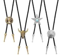 4Pcs Cowboy Necklace Set, Vintage Cowboy Bolo Tie, Western Cowboy Accessories, Cow Skull, Star & Horse Shoe Pendant, Adjustable Leather Bootlace Tie, Great for Gentlemen