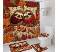 4Pcs Cozy Sloth Shower Curtain Set, Autumn Orange Brown Leaf Bath Mat Rugs Accessories for Bathroom Decor, Fall Cute Waterproof Fabric Shower Curtain Set with Hooks 72x72 Inch