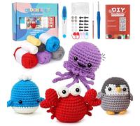 4PCS Crochet Kit for Beginners Crochet Animal Kit Adults DIY Knitting Kits | Dremisland Cute Dolphin Penguin Crocheting Kit Starter Set with Basic Stitch Video Tutorials Birthday Gift for Adults Women