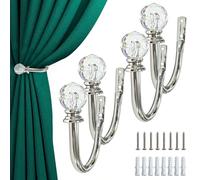4Pcs Crystal Ball Curtain Tie Backs Silver Metal Wall Mounted Holders, Decorative Tie Backs for Curtains with Hooks, Heavy Duty Curtain Hold Backs for Home Window Drapes, Elegant Room Decor
