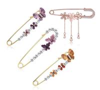 4Pcs Crystal Vintage Rhinestone Butterfly Brooch Pin for Women, Party Elegant Butterfly Pins with Flower Decor and Tassel