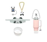 4Pcs Cup Accessories Set for Stanley Cup 30oz & 40oz Tumbler with Handle, Including Silicone Water Bottle Handle Strap, Cute Animal Straw Toppers Cap, Bottom Boot, Cute Stanley Charms (Grey-Panda)