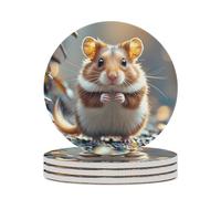 4PCS Cute and Weird Hamster Coasters Non-Slip Round Drink Coasters with Ceramic Stone and Cork Base, Heat Resistant Absorbent 33.00Stone Coaster Set for Kinds of Mugs and Cups, 4 Inch