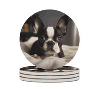 4PCS Cute Boston Terrier Coasters Non-Slip Round Drink Coasters with Ceramic Stone and Cork Base, Heat Resistant Absorbent 33.00Stone Coaster Set for Kinds of Mugs and Cups, 4 Inch