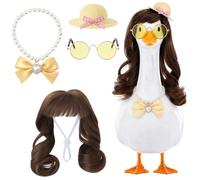 4Pcs Cute Brown Curly Wig Porch Goose Outfit Set for 23'' Lawn Goose Statue