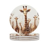 4PCS Cute Cartoon Funny Giraffes Coasters Non-Slip Round Drink Coasters with Ceramic Stone and Cork Base, Heat Resistant Absorbent 33.00Stone Coaster Set for Kinds of Mugs and Cups, 4 Inch