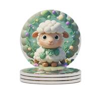 4PCS Cute Cartoon Sheep Coasters Non-Slip Round Drink Coasters with Ceramic Stone and Cork Base, Heat Resistant Absorbent 33.00Stone Coaster Set for Kinds of Mugs and Cups, 4 Inch
