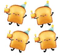 4Pcs Cute Cartoon Toast Foil Balloons Smiley Cheese Bread Mylar Balloons with Birthday Hat & Cake for Kids Birthday Party Decorations