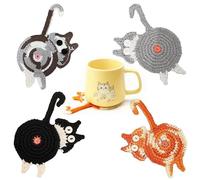 4PCS Cute Cat Coaster, 16x10cm Drink Coaster Cat Gifts for Kinds Cups, Non-Slip Handmade Cute Knitted Coasters, Cute Coffee Coaster, Fun Woven Creative Drink Coaster Cat Gifts for Home Decor