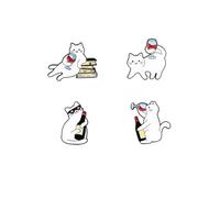4Pcs Cute Cat Enamel Brooch Lapel Pin Wine Kitty Cat Brooch Pin Drinking Kitty Kitten Sunglasses Cats Lapel Pins White Cats Badge for Pet Lovers, Alloy Steel, no gemstone