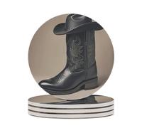 4PCS Cute Cowboy Black Hat Western Boots Coasters Non-Slip Round Drink Coasters with Ceramic Stone and Cork Base, Heat Resistant Absorbent 33.00Stone Coaster Set for Kinds of Mugs and Cups, 4 Inch