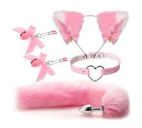 4Pcs Cute Fox Tail Anal Plug Cat Ears Headbands Nipple Clip Neck Collar Set Erotic Cosplay Butt Plug Trainer Sex Toys for Women for Couples Erotic Pink Style Two One Size