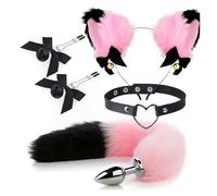 4Pcs Cute Fox Tail Anal Plug Cat Ears Headbands Nipple Clip Neck Collar Set Erotic Cosplay Butt Plug Trainer Sex Toys for Women for Couples Erotic Black Pink One Size
