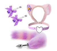 4Pcs Cute Fox Tail Anal Plug Cat Ears Headbands Nipple Clip Neck Collar Set Erotic Cosplay Butt Plug Trainer Sex Toys for Women for Couples Erotic Purple Pink One Size