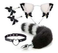 4Pcs Cute Fox Tail Anal Plug Cat Ears Headbands Nipple Clip Neck Collar Set Erotic Cosplay Butt Plug Trainer Sex Toys for Women for Couples Erotic Black One Size